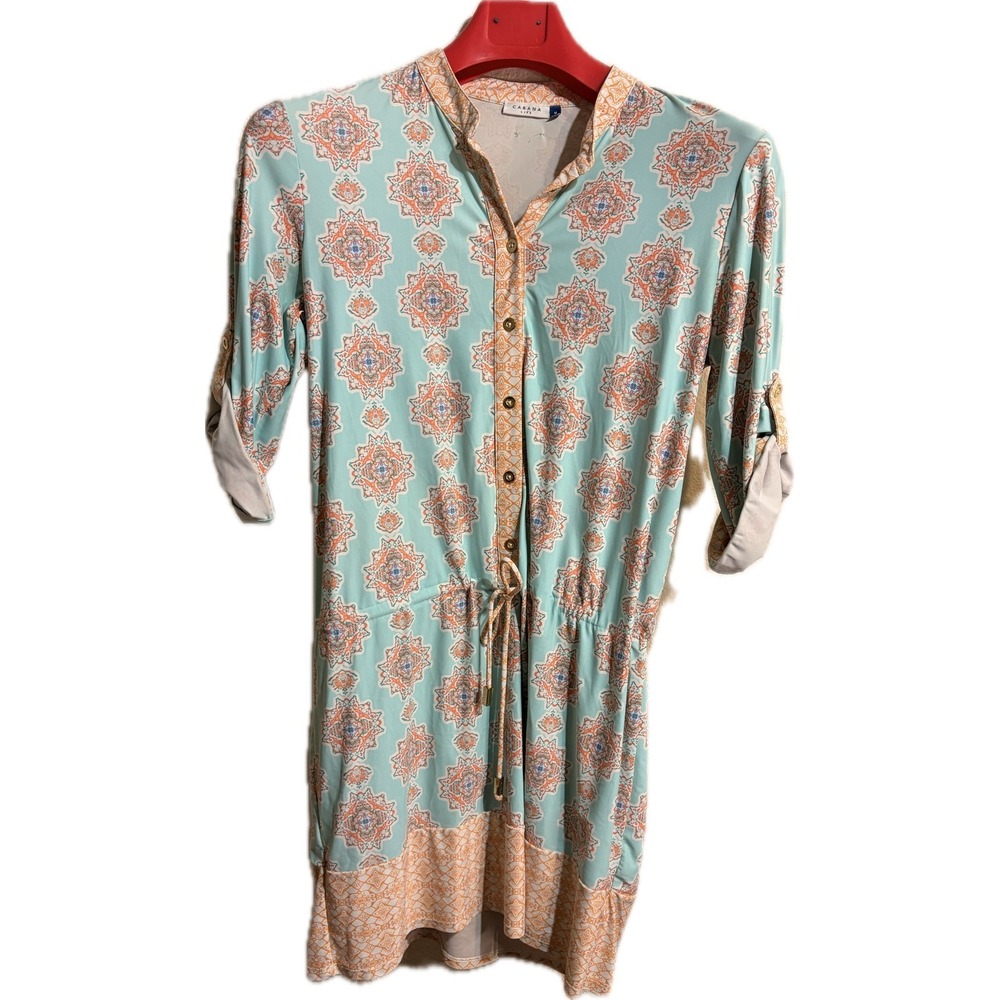 Cabana Life Aqua Orange Medallion Print Roll Tab Sleeve Cover Up Dress M Beach